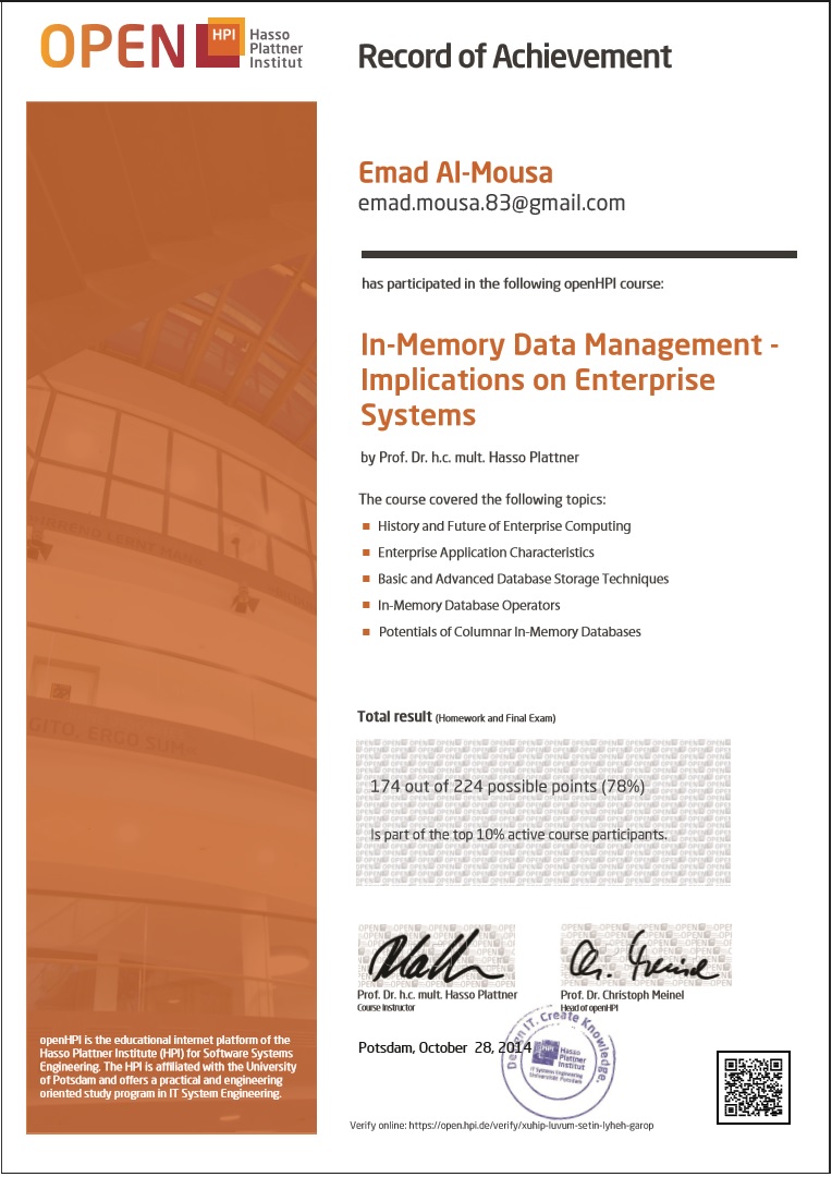 OpenHPI Certificate - In-Memory Data Management Implications on Enterprise Systems