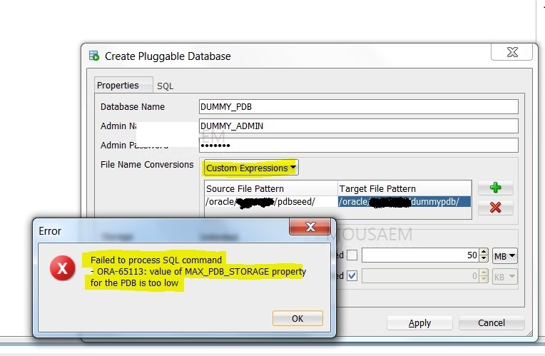 create pluggable database error