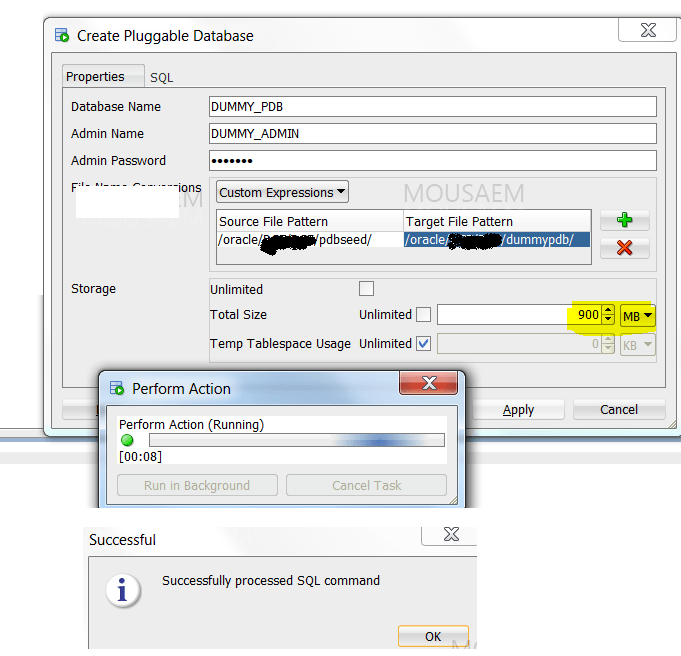 create pluggable database success