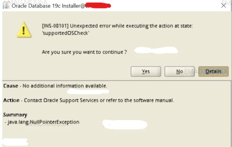INS-08101 Unexpected error while executing the action at state ...